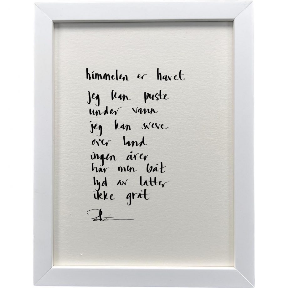 Hvit ramme 20 x 26 cm "himmelen er havet", dikt